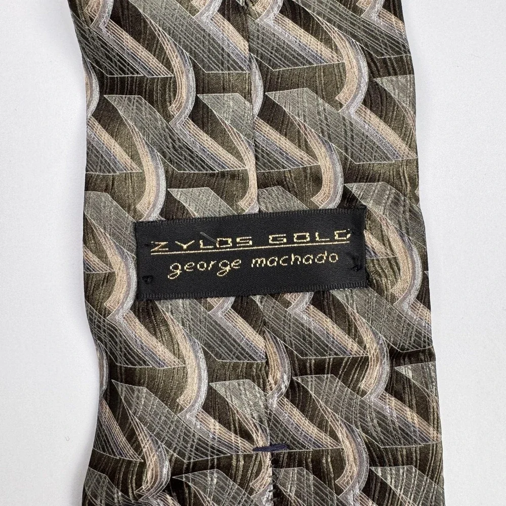 Zylos Gold George Machado Tie Mens Brown Gray Geometric 100% Silk 4 Inch Width